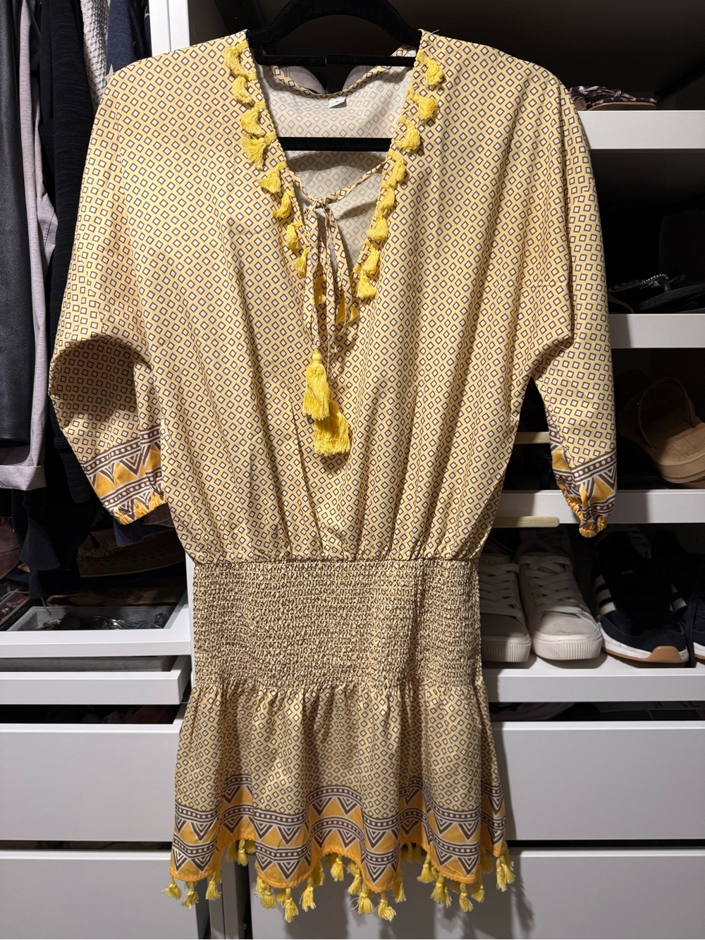 Yellow Tassel-Trim Boho Dress